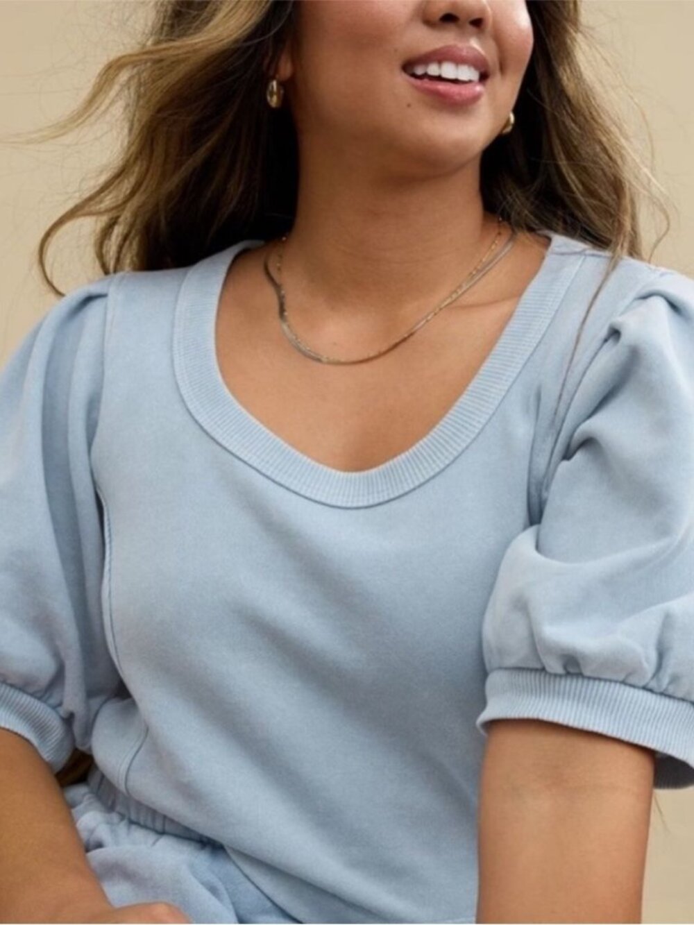 NWT Aerie Blue Cloud Wash Short Puff Sleeve Sweatshirt Top